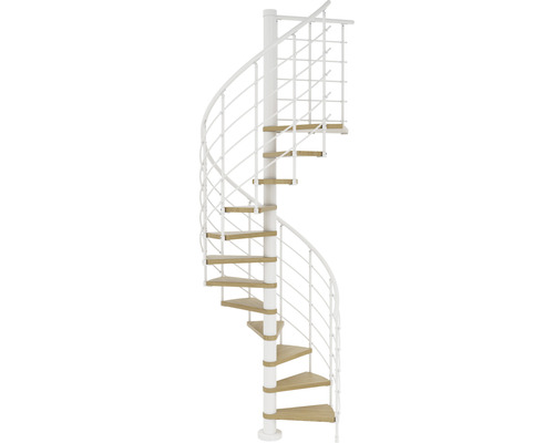 Wendeltreppe mit Holzstufen und weißem Geländer
