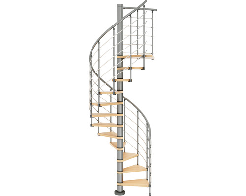 Escalier en colimaçon avec rampe en métal et marches en bois