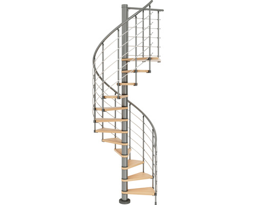 Escalier en colimaçon avec marches en bois et rampe en métal