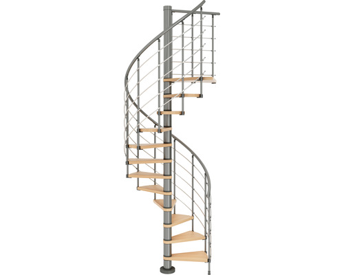 Escalier en colimaçon avec marches en bois et garde-corps en métal