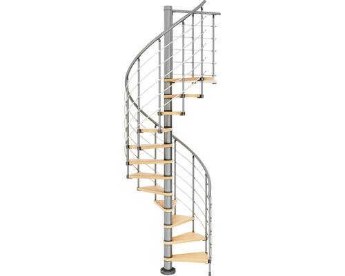 Spindeltreppe mit Holzstufen und Metallgeländer