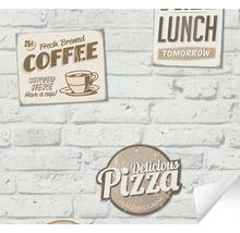 Papier peint avec publicité pour le café et motif de pizza sur mur de briques blanches