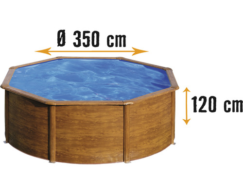 Kit piscine mural en acier Planet Pool rond Ø 350x120 cm incl. installation de filtration à sable, skimmer encastré, échelle, sable de filtration & tuyau de raccordement aspect bois