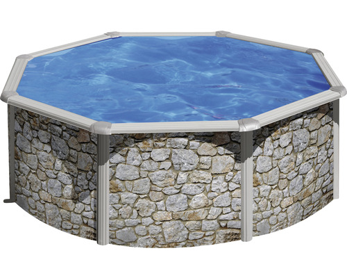 Kit de piscine hors sol à paroi en acier Planet Pool Vision-Pool Classic Solo ronde Ø 350x120 cm avec skimmer encastré aspect pierre
