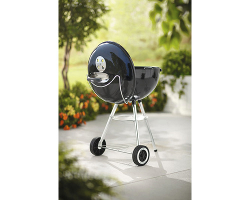 Kugelgrill mit Deckel auf Rädern im Garten