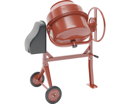 Bétonnière avec cuve, roues et éléments de commande