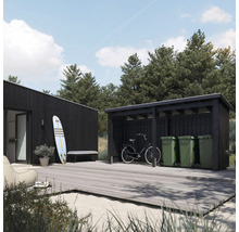 Modernes Gartenhaus mit Mülltonnenbox und Fahrrad auf Holzterrasse