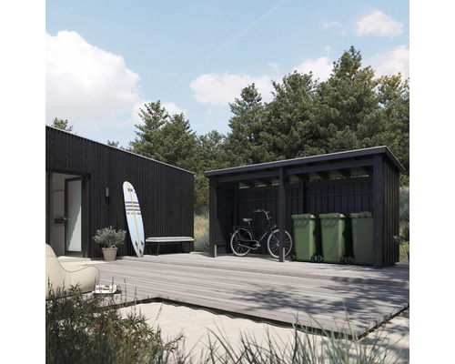 Modernes Gartenhaus mit Mülltonnenbox und Fahrrad auf Holzterrasse