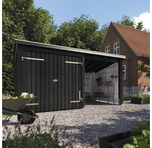 Holzgartenhaus mit Anbau auf Kiesfläche