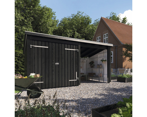 Holzgartenhaus mit Anbau auf Kiesfläche