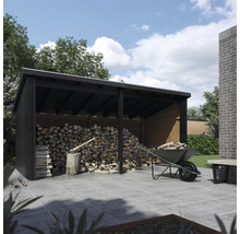 Brennholzunterstand mit Holz, Axt und Schubkarre im Garten