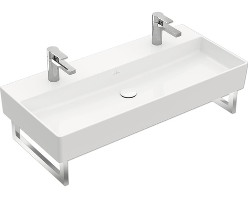 Villeroy & Boch Doppelwaschtisch Memento 2.0 100 x 47 cm weiss glänzend 4A22A401 Weisses Doppelwaschbecken mit zwei Armaturen und Chromgestell