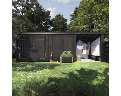 Gartenszene mit Gerätehaus, Wäscheleine, Bank und Pflanzkasten