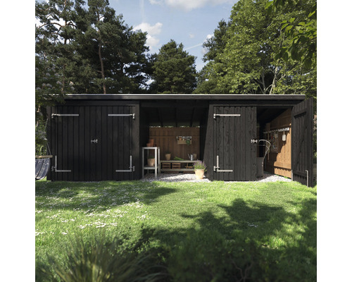 Schwarzes Gartenhaus mit offenen und geschlossenen Türen im Garten.