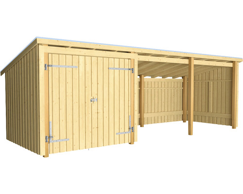 Abstellraum PLUS Nordic Multi 14 m² 3 Module mit Doppeltür und offener Vorderseite, inkl. Dachpappe und Aluminiumleisten Holzschuppen mit Tür und Unterstand