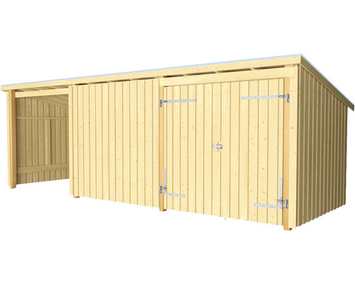 Holzschuppen mit Doppeltür und offenem Abstellraum