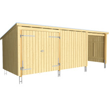 Holzschuppen mit zwei Türen und einem offenen Bereich.