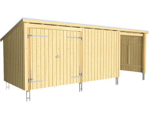 Lagerraum PLUS Nordic Multi 14 m² 3 Module mit Doppeltür und geschlossener/offener Vorderseite inkl. Dachpappe, Aluminiumleisten und Pfostenfüße Holzschuppen mit zwei Türen und einem offenen Bereich.
