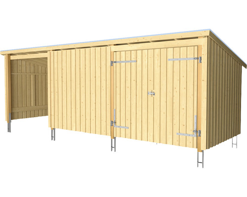 Holzschuppen mit Doppeltür und offenem Lagerbereich