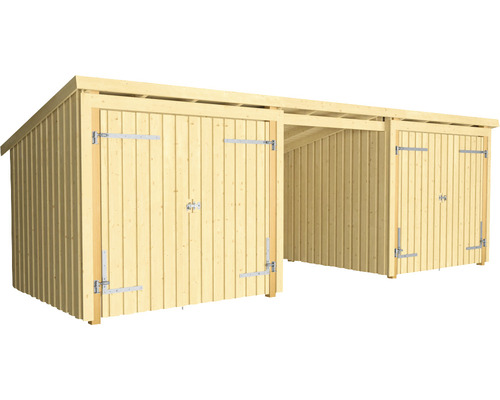 Lagerraum PLUS Nordic Multi 14 m² 3 Module mit 2 Doppeltüren und offener Vorderseite Doppelcarport aus Holz mit zwei abschliessbaren Geräteräumen