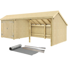 Holzschuppen mit Tür und Unterstand sowie Dachpappe