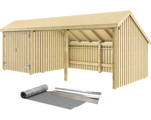 Abstellraum PLUS Multi 15,5 m² 3 Module mit Doppeltür und offener Vorderseite, inkl. Dachpappe und Aluminiumleisten Holzschuppen mit Tür und Unterstand sowie Dachpappe