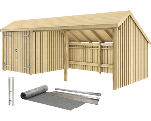 Abstellraum PLUS Multi 15,5 m² 3 Module mit Doppeltür und offener Vorderseite, inkl. Dachpappe, Aluminiumleisten und Pfostenfüße Holzschuppen mit Tür, Unterstand, Dachpappe und Zubehör