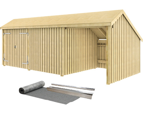 Abstellraum PLUS Multi 15,5 m² 3 Module mit Doppeltür und geschlossener/offener Vorderseite, inkl. Dachpappe und Aluminiumleisten Holzgartenhaus mit Doppeltür und Vordach sowie Dachpappe und Dachrinnen