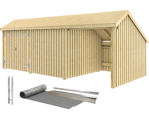 Holzschuppen mit Tür, Dachpappe und Bodenanker
