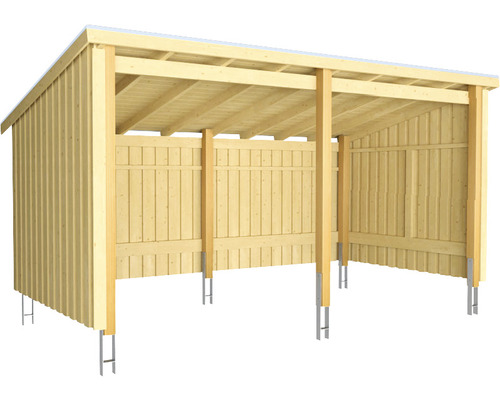Abstellraum PLUS Nordic Multi 9,5 m² 2 Module offen inkl. Dachpappe, Aluminiumleisten und Pfostenfüße Holzunterstand mit drei Abteilen und Metallankern