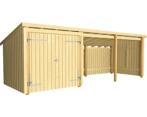 Abstellraum PLUS Nordic Multi 14 m² 3 Module mit Doppeltür und offener Vorderseite Holzgartenhaus mit Tür und Geräteunterstand