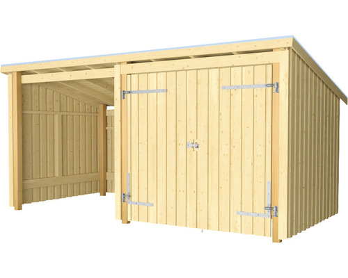 Abstellraum PLUS Nordic Multi 9,5 m² 2 Module mit Doppeltür und offener Vorderseite inkl. Dachpappe und Aluminiumleisten Holzschuppen mit Doppeltür und Anbau
