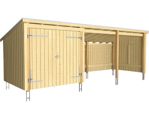 Abstellraum PLUS Nordic Multi 14 m² 3 Module mit Doppeltür und offener Vorderseite, inkl. Dachpappe, Aluminiumleisten und Pfostenfüße Holzgeräteschuppen mit Tür und Unterstand