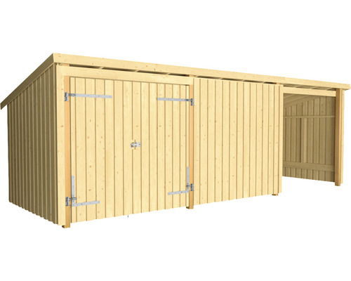Abstellraum PLUS Nordic Multi 14 m² 3 Module mit Doppeltür und geschlossener/offener Vorderseite Holzgartenhaus mit Doppeltür und Anbau