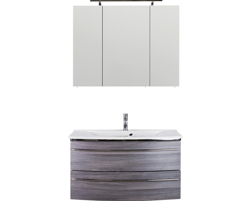 Ensemble de meubles de salle de bains Marlin salle de bains 3040 90 cm châtaigne graphite y compris armoire de toilette et lavabo en marbre minéral blanc