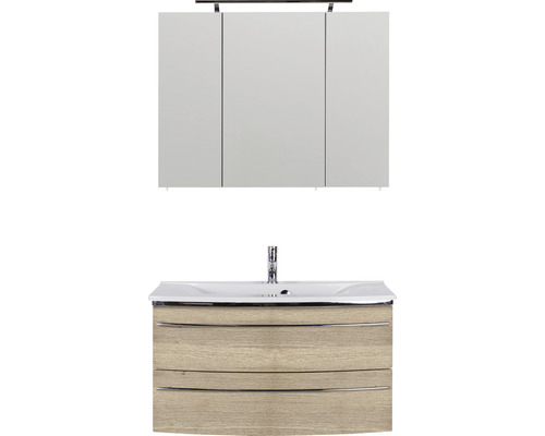 Ensemble de meubles de salle de bains Marlin salle de bains 3040 90 cm chêne structure naturel y compris armoire de toilette et lavabo en marbre minéral blanc