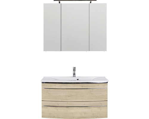 Ensemble de meubles de salle de bains Marlin salle de bains 3040 90 cm chêne structure blanc y compris armoire de toilette et lavabo en marbre minéral blanc