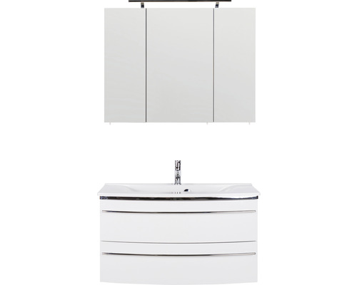 Ensemble de meubles de salle de bains Marlin salle de bains 3040 90 cm blanc brillant y compris armoire de toilette et lavabo en marbre minéral blanc