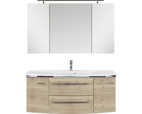 Ensemble de meubles de salle de bains Marlin salle de bains 3040 120 cm chêne structure naturel y compris armoire de toilette et lavabo en marbre minéral blanc