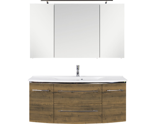 Ensemble de meubles de salle de bains Marlin salle de bains 3040 120 cm chêne structure marron y compris armoire de toilette et lavabo en marbre minéral blanc