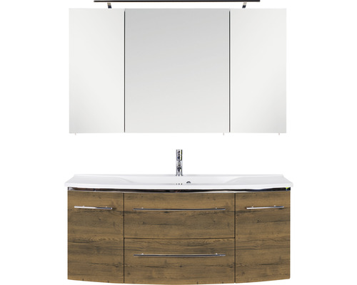 Badmöbelset Marlin Bad 3040 120 cm Eiche Struktur braun inkl. Spiegelschrank und Mineralmarmor-Waschbecken weiss