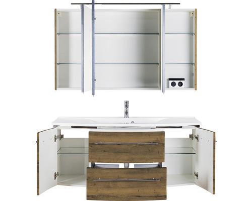 Ensemble de meubles de salle de bains avec lavabo, meuble sous-lavabo et armoire de toilette avec portes et tiroirs ouverts