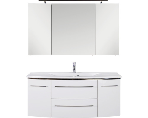 Badmöbelset Marlin Bad 3040 120 cm weiss glanz inkl. Spiegelschrank und Mineralmarmor-Waschbecken weiss