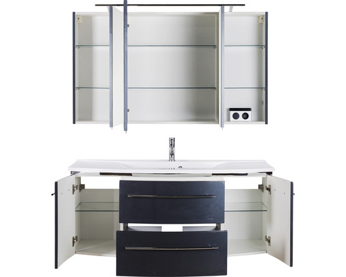 Combinaison de lavabo avec lavabo, meuble bas, armoire de toilette et portes ouvertes