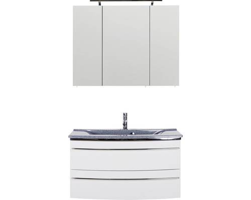 Ensemble de meubles de salle de bains Marlin salle de bains 3040 90 cm blanc brillant y compris armoire de toilette et lavabo en marbre minéral granit gris