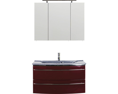 Ensemble de meubles de salle de bains Marlin salle de bains 3040 90 cm rouge/anthracite brillant y compris armoire de toilette et lavabo en marbre minéral granit gris