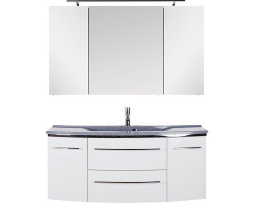 Ensemble de meubles de salle de bains Marlin salle de bains 3040 120 cm blanc brillant y compris armoire de toilette et lavabo en marbre minéral granit gris