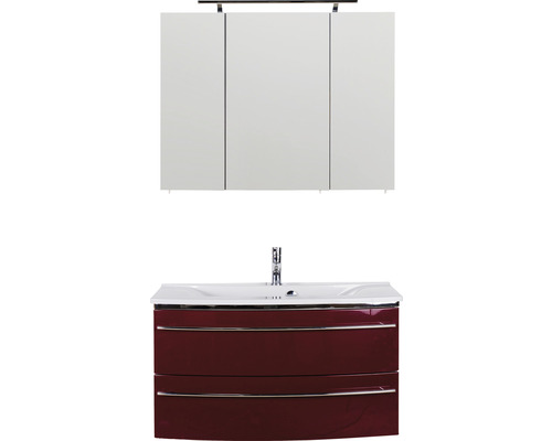 Ensemble de meubles de salle de bains Marlin salle de bains 3040 90 cm rouge/anthracite brillant y compris armoire de toilette et lavabo en marbre minéral granit blanc