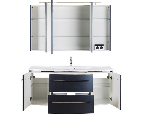 Meuble sous-lavabo avec lavabo et armoire de toilette avec portes ouvertes