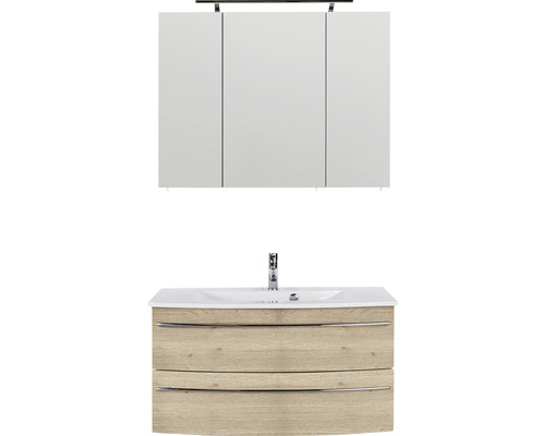 Ensemble de meubles de salle de bains Marlin salle de bains 3040 90 cm chêne structure naturel y compris armoire de toilette et lavabo en céramique blanc